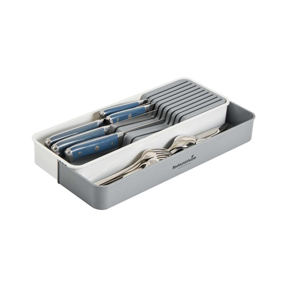 restaurantware Clean Tek Professional Gray and White Plastic Expandable 2-Tier Knife Drawer Organizer - 15 1/2" x 5 1/2" x 2 1/4" - 12 count box