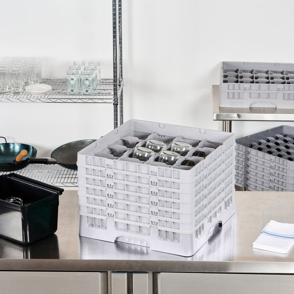 Restaurantware Clean Tek Professional Gray Glass Rack - 16 Compartments 1 Full Drop And 5 Half Drop Extenders - 19 3/4" X 19 3/4" X 13 3/4" - 1 Count Box