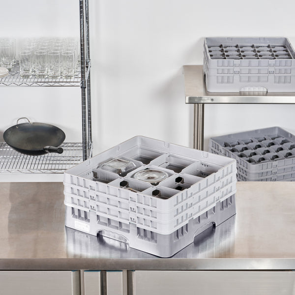 Restaurantware Clean Tek Professional Gray Glass Rack - 9 Compartments 1 Full Drop And 2 Half Drop Extenders - 19 3/4" X 19 3/4" X 8 3/4" - 1 Count Box