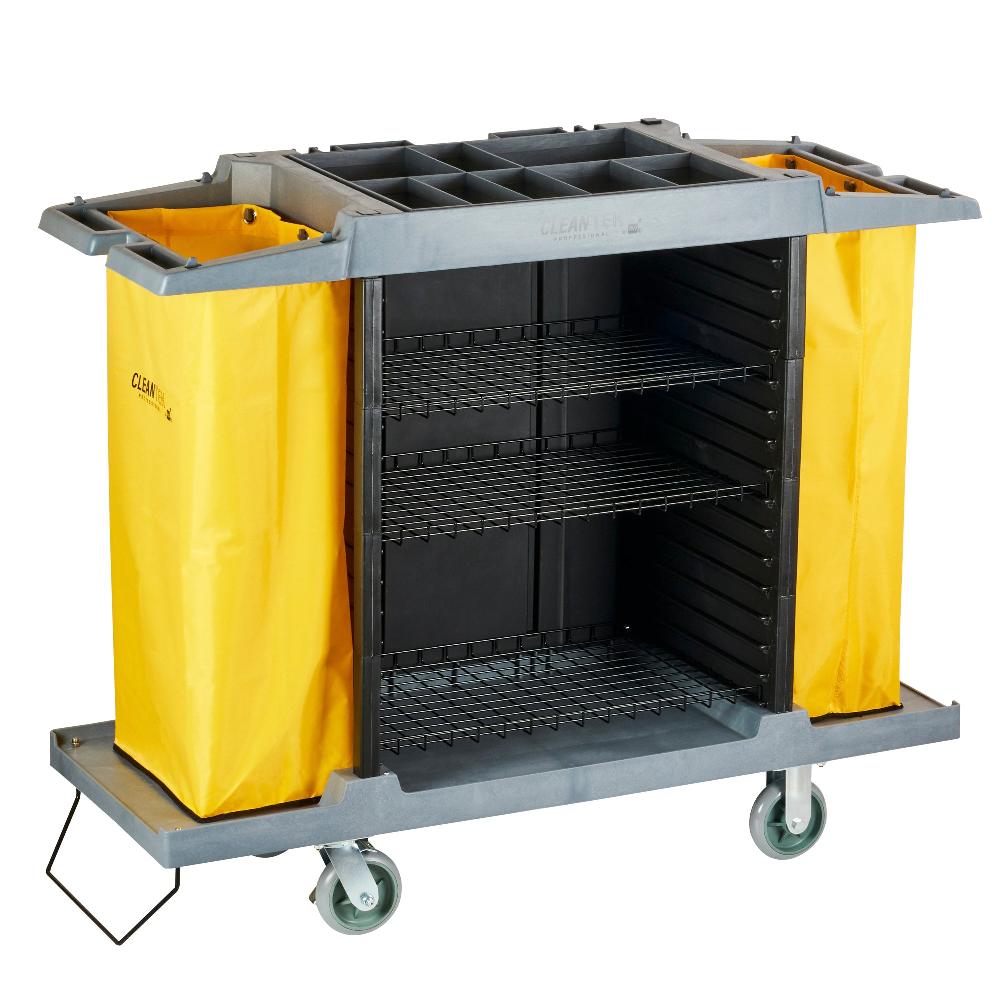 restaurantware Clean Tek Professional Gray Hotel / Housekeeping Cart - 20 gal Bags 4 Shelves - 59" x 21 1/4" x 47 1/4" - 1 count box