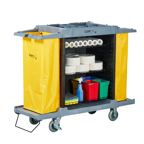 Restaurantware Clean Tek Professional Gray Hotel / Housekeeping Cart - 20 Gal Bags 3 Locking Shelves - 60 3/4" X 21 1/4" X 50 1/2" - 1 Count Box