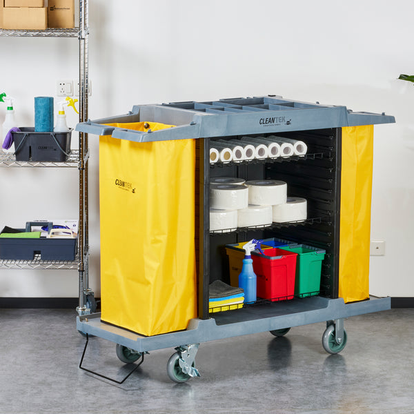 Restaurantware Clean Tek Professional Gray Hotel / Housekeeping Cart - 20 Gal Bags 3 Locking Shelves - 60 3/4" X 21 1/4" X 50 1/2" - 1 Count Box