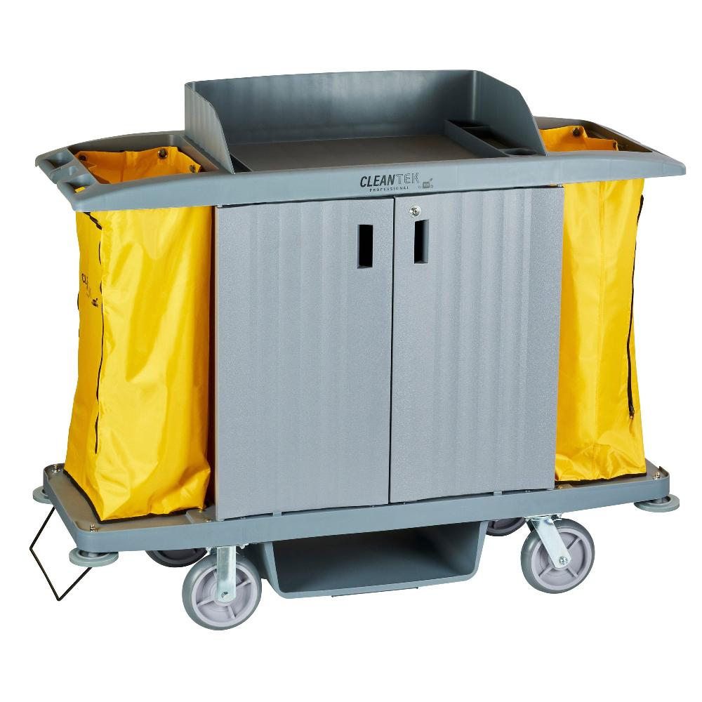 restaurantware Clean Tek Professional Gray Hotel / Housekeeping Cart - 20 gal Bags 3 Locking Shelves - 60 3/4" x 21 1/4" x 50 1/2" - 1 count box