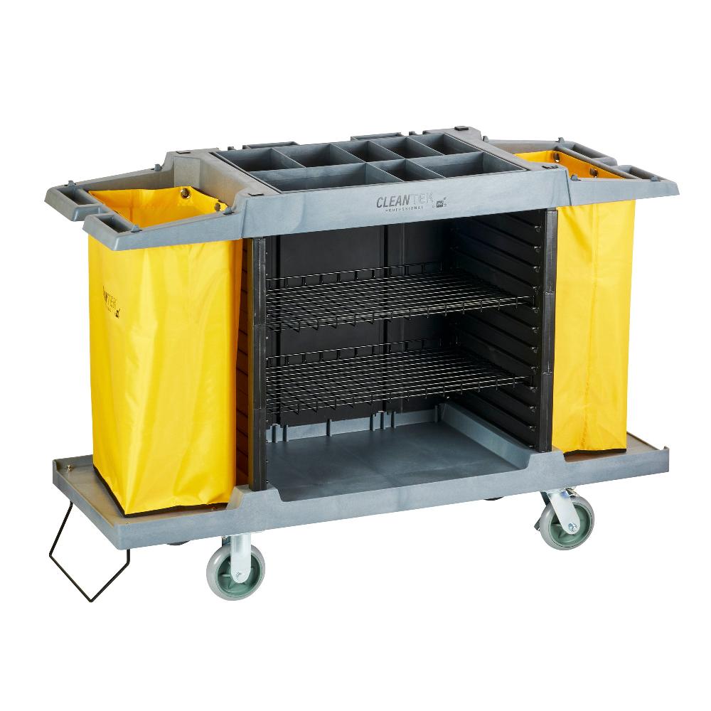 restaurantware Clean Tek Professional Gray Hotel / Housekeeping Cart - 20 gal Bags 3 Shelves - 59" x 21 1/4" x 38 3/4" - 1 count box