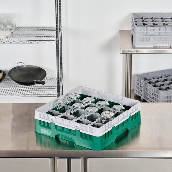 Restaurantware Clean Tek Professional Green Glass Rack - 16 Compartments 1 Full Drop Extender - 19 3/4" X 19 3/4" X 5 3/4" - 1 Count Box