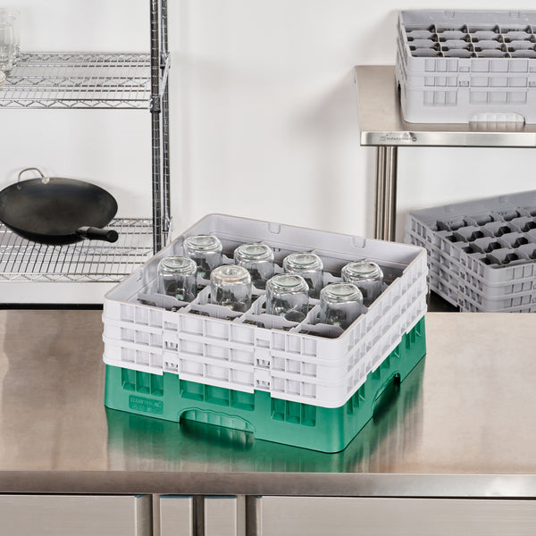Restaurantware Clean Tek Professional Green Glass Rack - 16 Compartments 1 Full Drop And 2 Half Drop Extenders - 19 3/4" X 19 3/4" X 8 3/4" - 1 Count Box