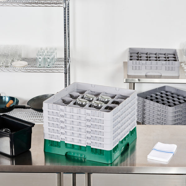 Restaurantware Clean Tek Professional Green Glass Rack - 16 Compartments 1 Full Drop And 5 Half Drop Extenders - 19 3/4" X 19 3/4" X 13 3/4" - 1 Count Box