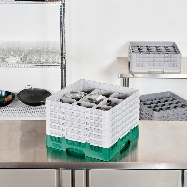 Restaurantware Clean Tek Professional Green Glass Rack - 9 Compartments 1 Full Drop And 5 Half Drop Extenders - 19 3/4" X 19 3/4" X 13 3/4" - 1 Count Box