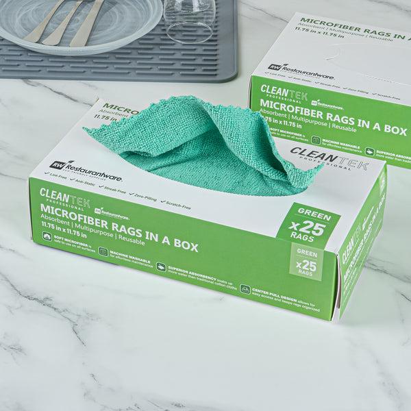 Restaurantware Clean Tek Professional Green Microfiber Rags In A Box - 11 3/4" X 11 3/4" - 250 Count Box