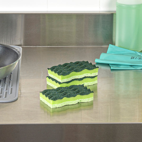 Restaurantware Clean Tek Professional Heavy-Duty Light And Dark Green Cellulose Scouring Sponge - Grooved - 4 1/2" X 2 1/2" X 1" - 60 Count Box