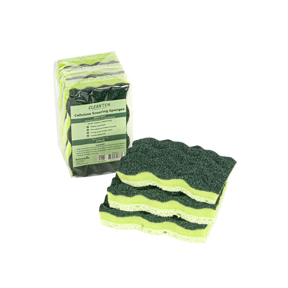 restaurantware Clean Tek Professional Heavy-Duty Light and Dark Green Cellulose Scouring Sponge - Grooved - 4 1/2" x 2 1/2" x 1" - 60 count box