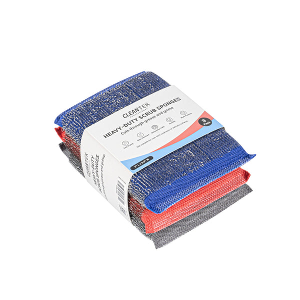 Restaurantware Clean Tek Professional Heavy-Duty Multi-Purpose Assorted Iron Scrub Sponge - Gray Red And Blue - 5" X 3 1/2" X 1/2" - 60 Count Box