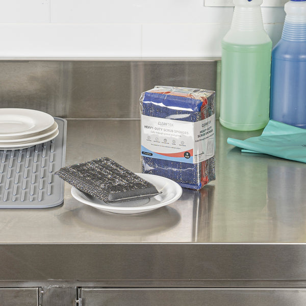 Restaurantware Clean Tek Professional Heavy-Duty Multi-Purpose Assorted Iron Scrub Sponge - Gray Red And Blue - 5" X 3 1/2" X 1/2" - 60 Count Box