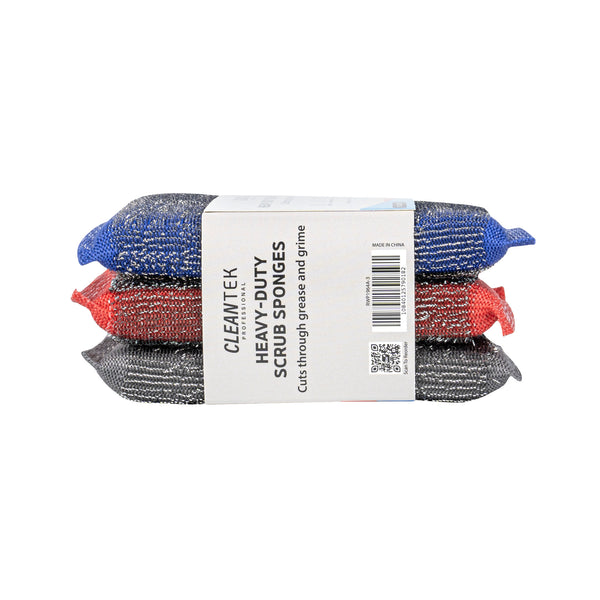 Restaurantware Clean Tek Professional Heavy-Duty Multi-Purpose Assorted Iron Scrub Sponge - Gray Red And Blue - 5" X 3 1/2" X 1/2" - 60 Count Box