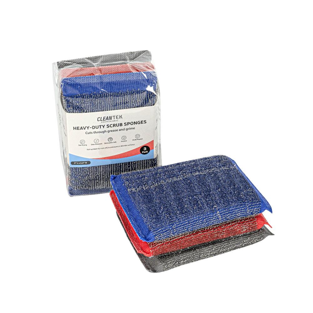 restaurantware Clean Tek Professional Heavy-Duty Multi-Purpose Assorted Iron Scrub Sponge - Gray Red and Blue - 5" x 3 1/2" x 1/2" - 60 count box