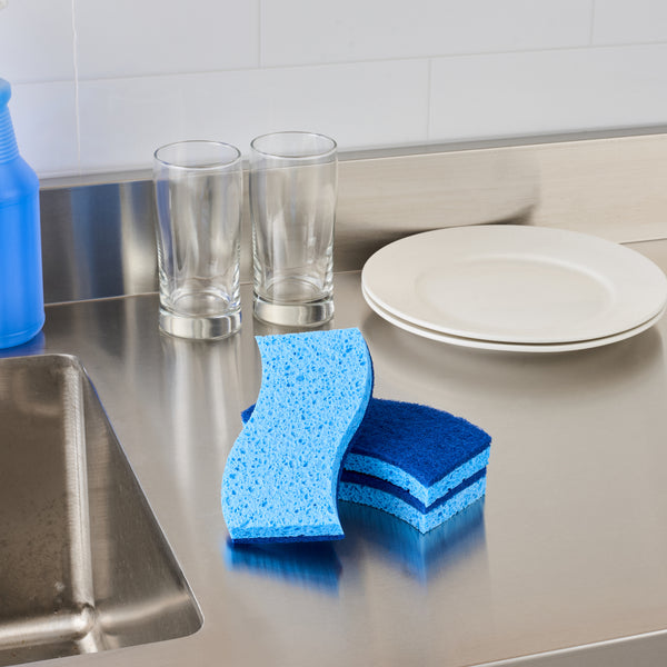 Restaurantware Clean Tek Professional Light Blue Cellulose Sponge / Dark Blue Medium-Duty Scouring Pad Combo - 6" X 3 1/2" X 3/4" - 60 Count Box
