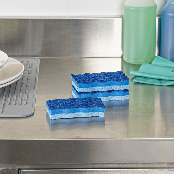 Restaurantware Clean Tek Professional Light-Duty Light And Dark Blue Cellulose Scouring Sponge - Grooved - 4 1/2" X 2 1/2" X 1" - 60 Count Box