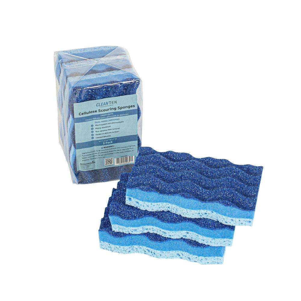 restaurantware Clean Tek Professional Light-Duty Light and Dark Blue Cellulose Scouring Sponge - Grooved - 4 1/2" x 2 1/2" x 1" - 60 count box