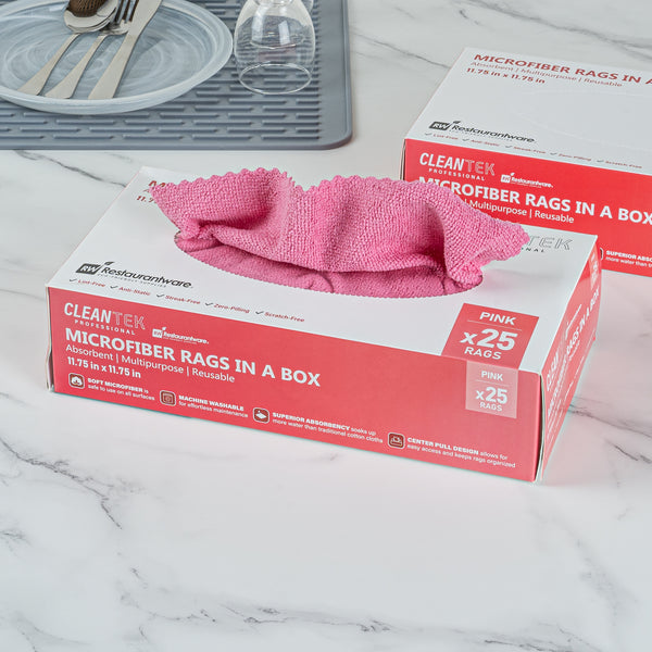 Restaurantware Clean Tek Professional Pink Microfiber Rags In A Box - 11 3/4" X 11 3/4" - 250 Count Box