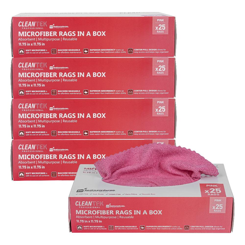 restaurantware Clean Tek Professional Pink Microfiber Rags In A Box - 11 3/4" x 11 3/4" - 250 count box