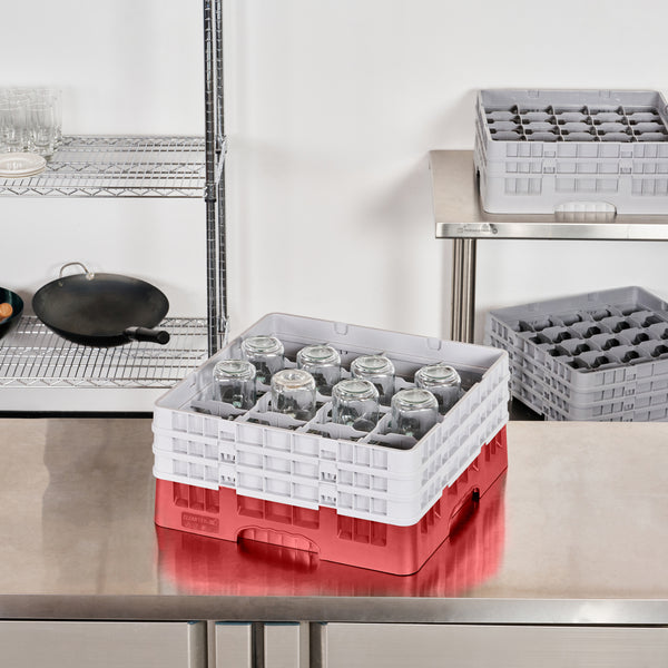 Restaurantware Clean Tek Professional Red Glass Rack - 16 Compartments 1 Full Drop And 2 Half Drop Extenders - 19 3/4" X 19 3/4" X 8 3/4" - 1 Count Box