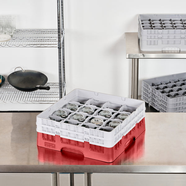 Restaurantware Clean Tek Professional Red Glass Rack - 16 Compartments 1 Full Drop And 1 Half Drop Extender - 19 3/4" X 19 3/4" X 7 1/4" - 1 Count Box