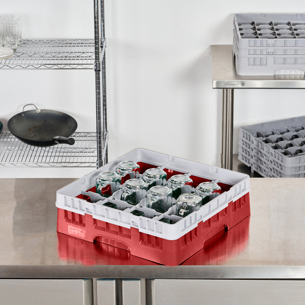 Restaurantware Clean Tek Professional Red Glass Rack - 16 Compartments 1 Full Drop Extender - 19 3/4" X 19 3/4" X 5 3/4" - 1 Count Box