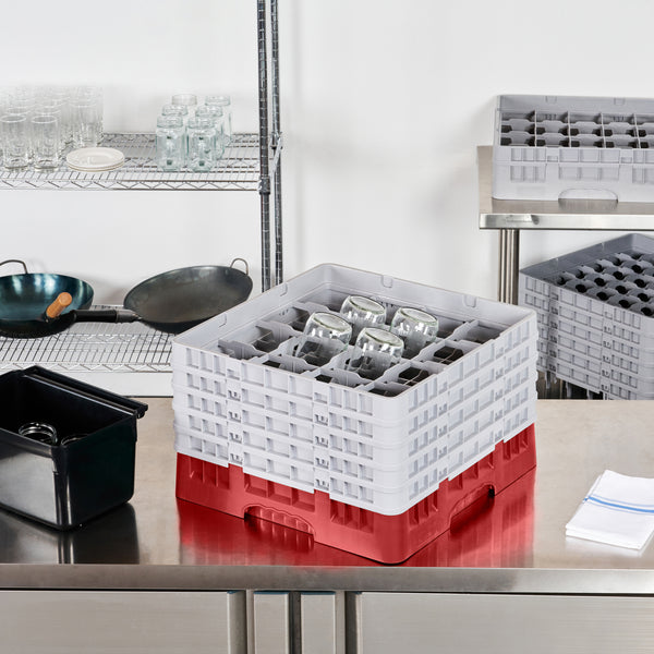 Restaurantware Clean Tek Professional Red Glass Rack - 16 Compartments 1 Full Drop And 4 Half Drop Extenders - 19 3/4" X 19 3/4" X 12 1/4" - 1 Count Box