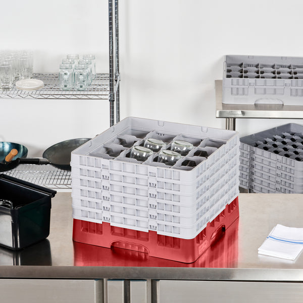 Restaurantware Clean Tek Professional Red Glass Rack - 16 Compartments 1 Full Drop And 5 Half Drop Extenders - 19 3/4" X 19 3/4" X 13 3/4" - 1 Count Box