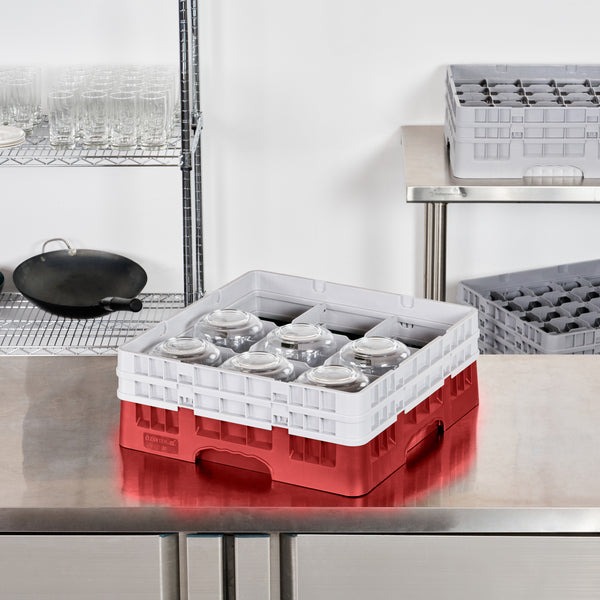 Restaurantware Clean Tek Professional Red Glass Rack - 9 Compartments 1 Full Drop And 1 Half Drop Extender - 19 3/4" X 19 3/4" X 7 1/4" - 1 Count Box