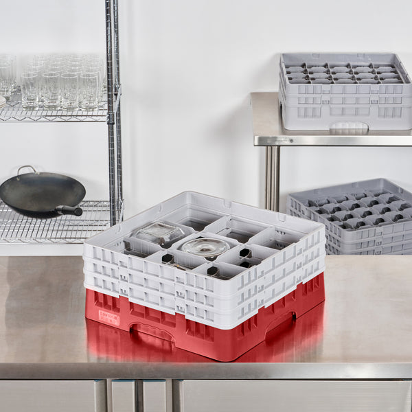 Restaurantware Clean Tek Professional Red Glass Rack - 9 Compartments 1 Full Drop And 2 Half Drop Extenders - 19 3/4" X 19 3/4" X 8 3/4" - 1 Count Box