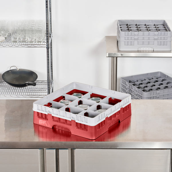 Restaurantware Clean Tek Professional Red Glass Rack - 9 Compartments 1 Full Drop Extender - 19 3/4" X 19 3/4" X 5 3/4" - 1 Count Box