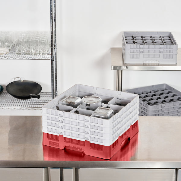 Restaurantware Clean Tek Professional Red Glass Rack - 9 Compartments 1 Full Drop And 3 Half Drop Extenders - 19 3/4" X 19 3/4" X 10 1/2" - 1 Count Box
