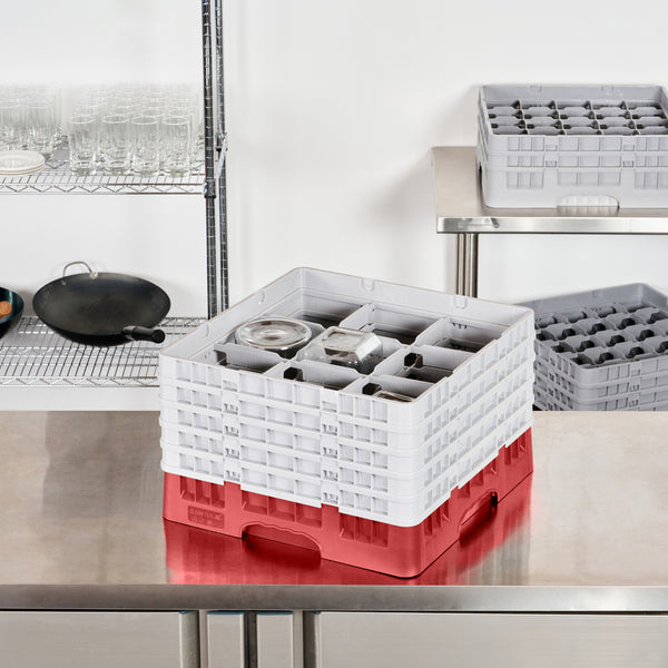 Restaurantware Clean Tek Professional Red Glass Rack - 9 Compartments 1 Full Drop And 4 Half Drop Extenders - 19 3/4" X 19 3/4" X 12 1/4" - 1 Count Box