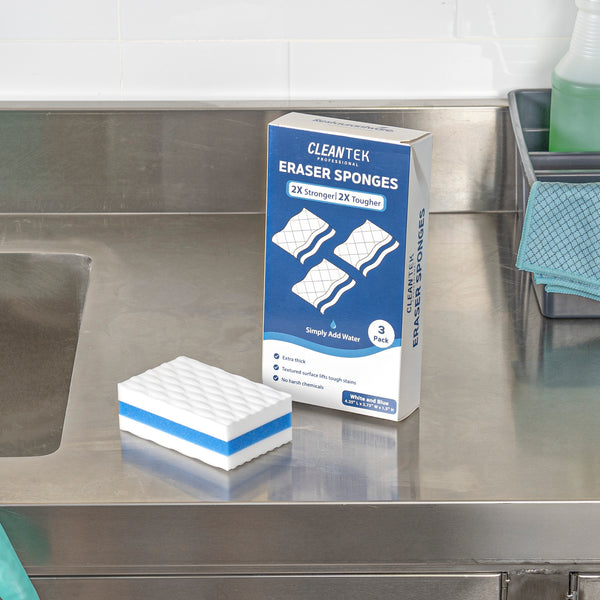 Restaurantware Clean Tek Professional White And Blue Triple Layer Melamine Eraser Sponge - 4 1/4" X 2 3/4" X 1 1/2" - 60 Count Box