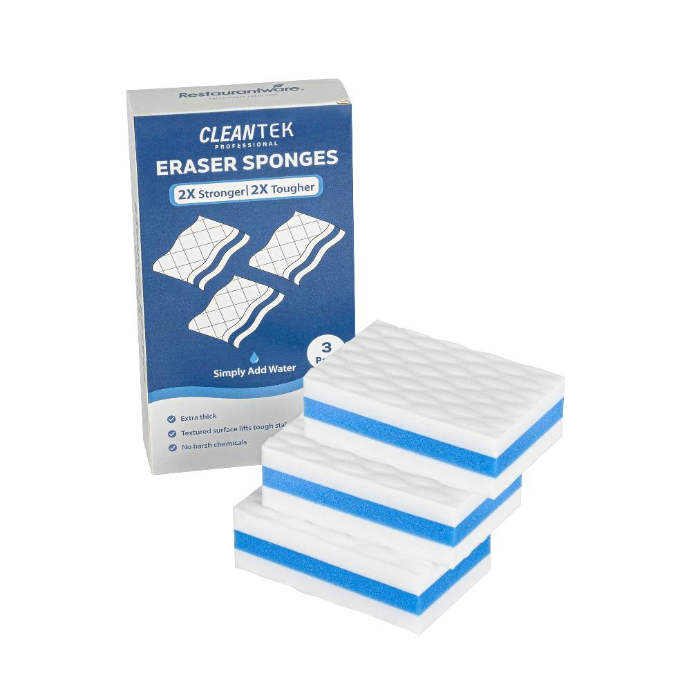 restaurantware Clean Tek Professional White and Blue Triple Layer Melamine Eraser Sponge - 4 1/4" x 2 3/4" x 1 1/2" - 60 count box
