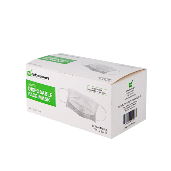 Restaurantware Clean Tek Professional White Disposable Earloop Face Mask - 3-Layer Filtration - 7" X 3 3/4" - 1000 Count Box