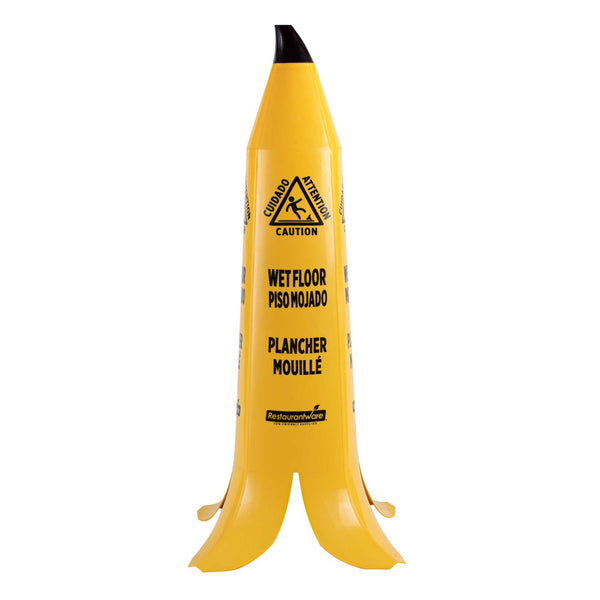 Restaurantware Clean Tek Professional Yellow Plastic Banana Wet Floor Cone - Multilingual With Brown Stem - 35 1/2" - 5 Count Box