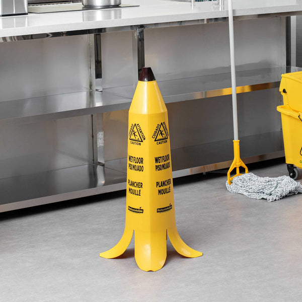 Restaurantware Clean Tek Professional Yellow Plastic Banana Wet Floor Cone - Multilingual With Brown Stem - 35 1/2" - 5 Count Box