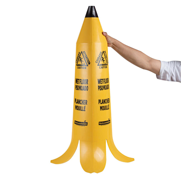 Restaurantware Clean Tek Professional Yellow Plastic Banana Wet Floor Cone - Multilingual With Brown Stem - 35 1/2" - 5 Count Box