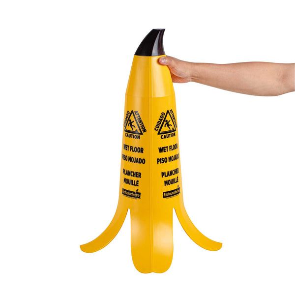 Restaurantware Clean Tek Professional Yellow Plastic Banana Wet Floor Cone - Multilingual With Brown Stem - 23 1/2" - 6 Count Box