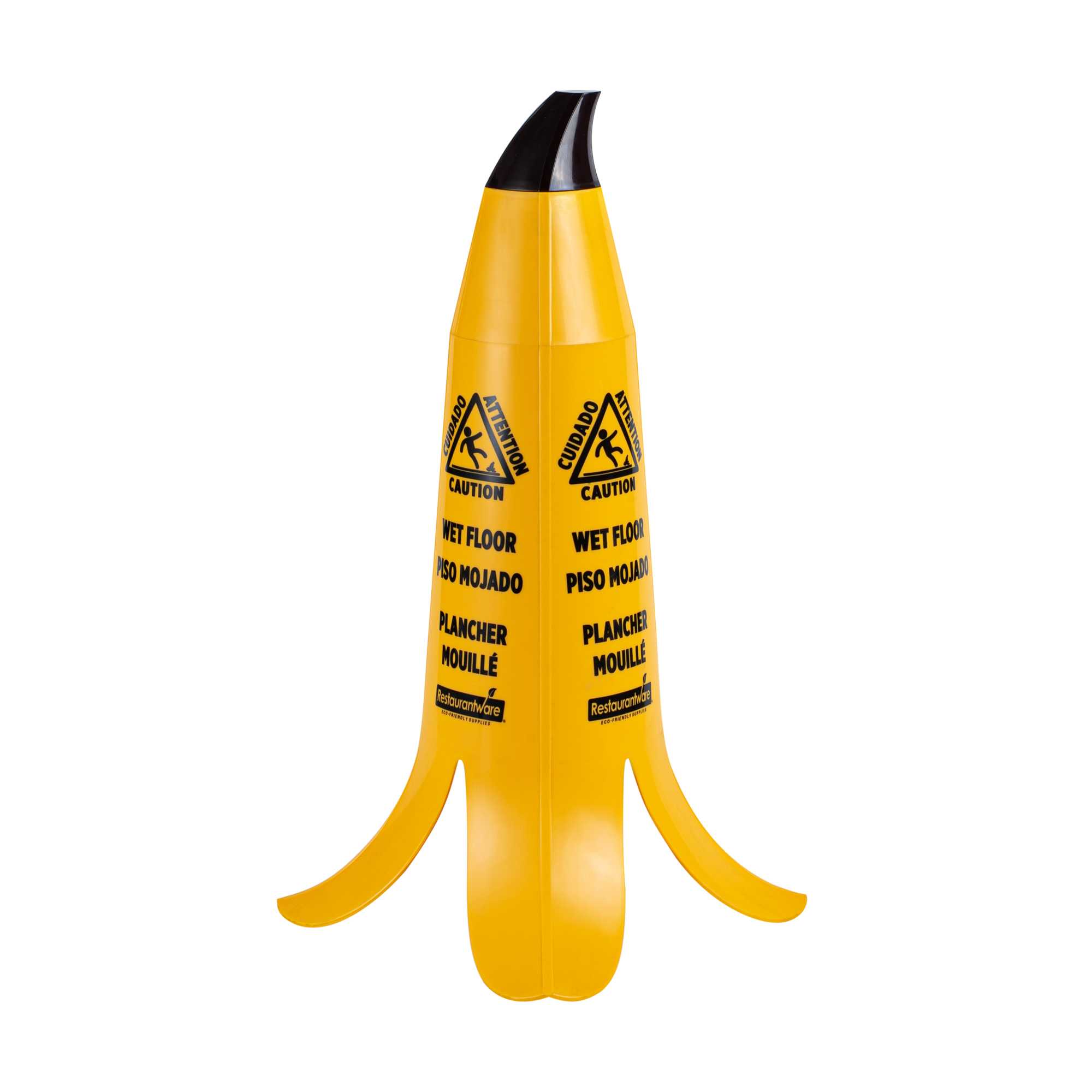 restaurantware Clean Tek Professional Yellow Plastic Banana Wet Floor Cone - Multilingual with Brown Stem - 23 1/2" - 6 count box