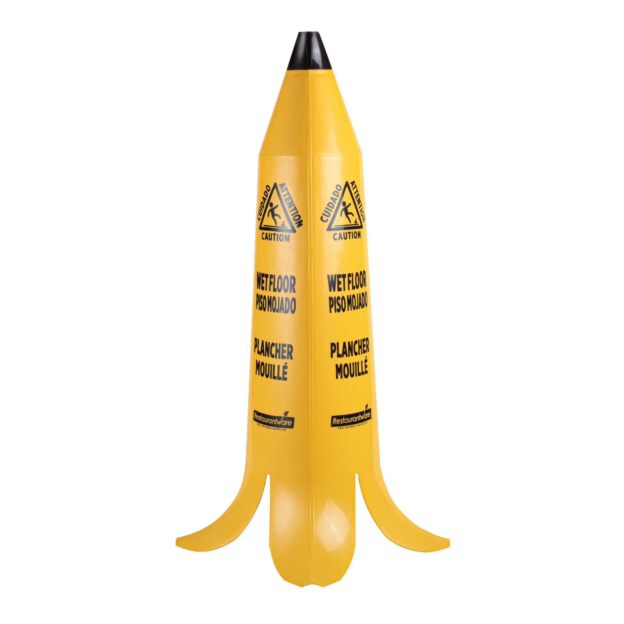 restaurantware Clean Tek Professional Yellow Plastic Banana Wet Floor Cone - Multilingual with Brown Stem - 35 1/2" - 5 count box