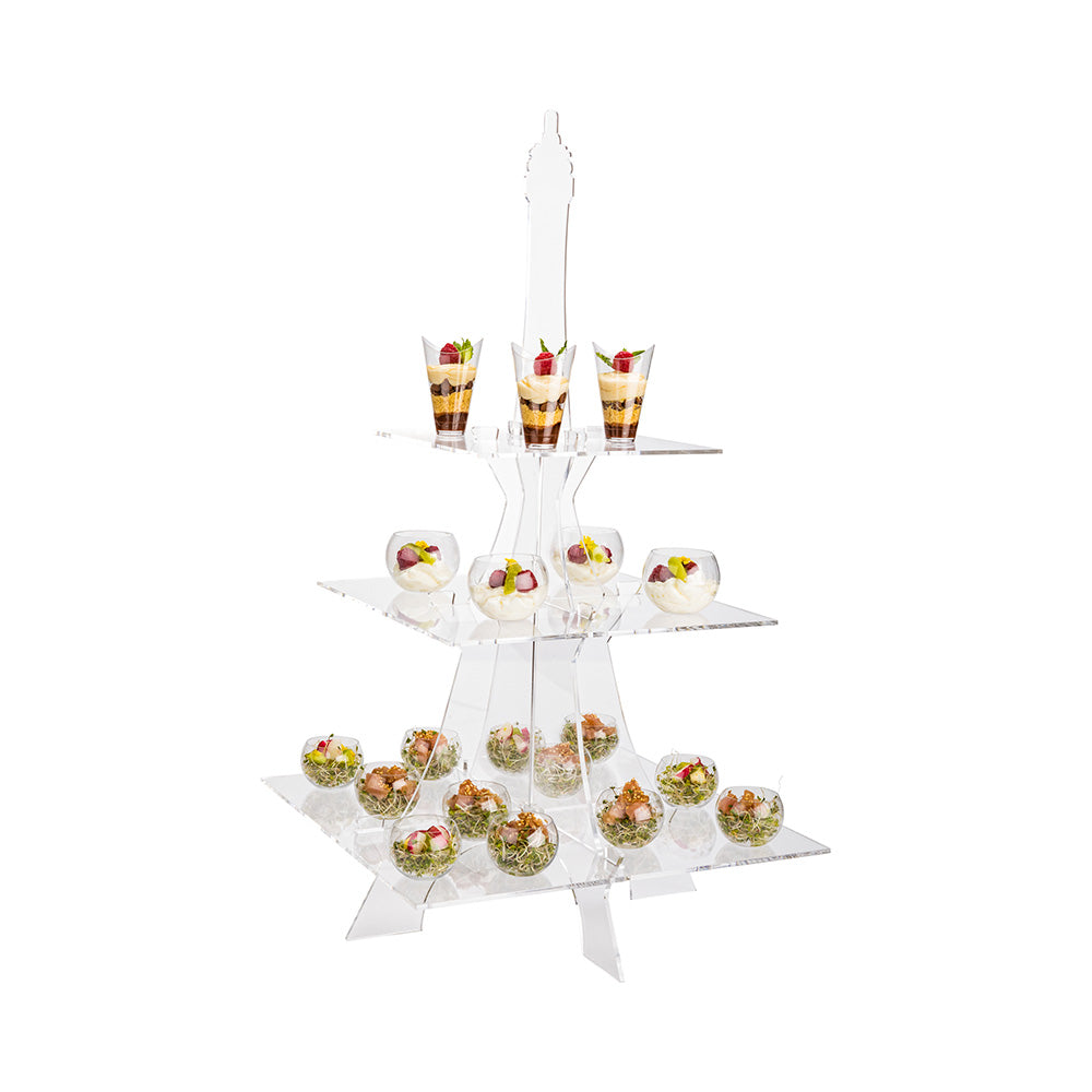 restaurantware Clear Tek Clear Acrylic Eiffel Tower Food Display - 3-Tier - 14 1/2" x 14 1/2" x 27 1/4" - 1 count box