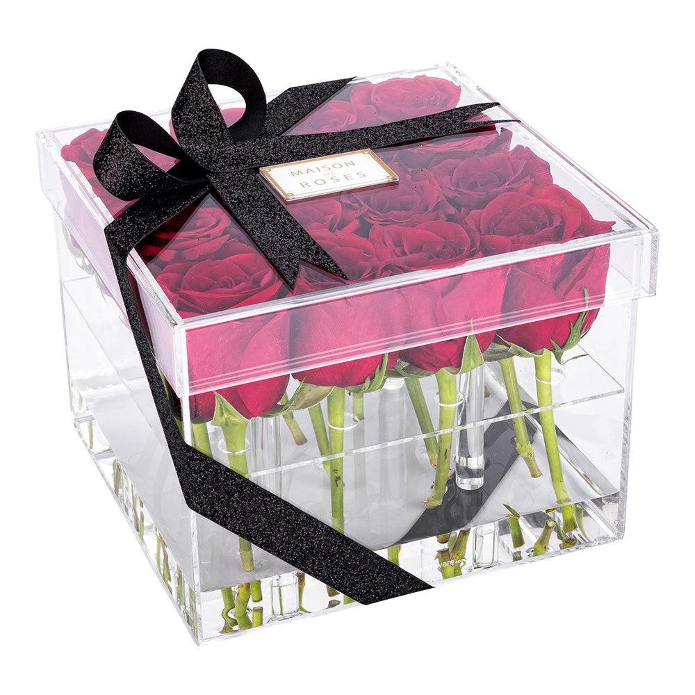 restaurantware Clear Tek Clear Acrylic Square Flower Box Vase - 16 holes with Lid - 8" x 8" x 6" - 1 count box