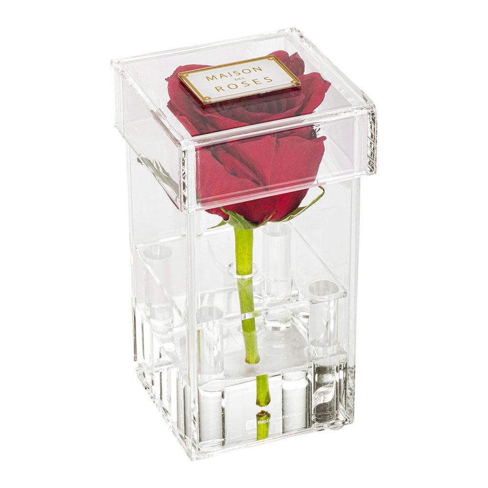 restaurantware Clear Tek Clear Acrylic Tall Flower Box Vase - 1 hole with Lid - 3 1/4" x 3 1/4" x 6" - 1 count box