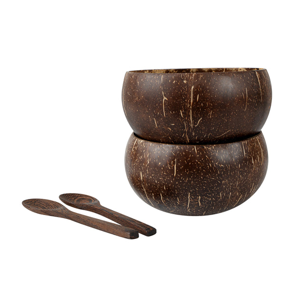 Restaurantware Coco Casa 4-Piece Handmade Coconut Bowl And Wooden Spoon Set - 10 Count Box