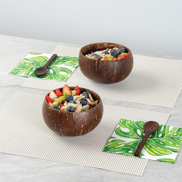 Restaurantware Coco Casa 4-Piece Handmade Coconut Bowl And Wooden Spoon Set - 10 Count Box