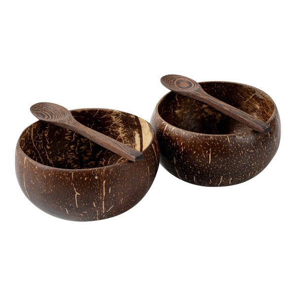 Restaurantware Coco Casa 4-Piece Handmade Coconut Bowl And Wooden Spoon Set - 10 Count Box