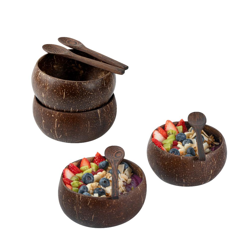 restaurantware Coco Casa 4-Piece Handmade Coconut Bowl and Wooden Spoon Set - 10 count box